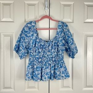 Host Pick!  GAP Floral Peplum Top, Size L, Blue and White, Puff Sleeves